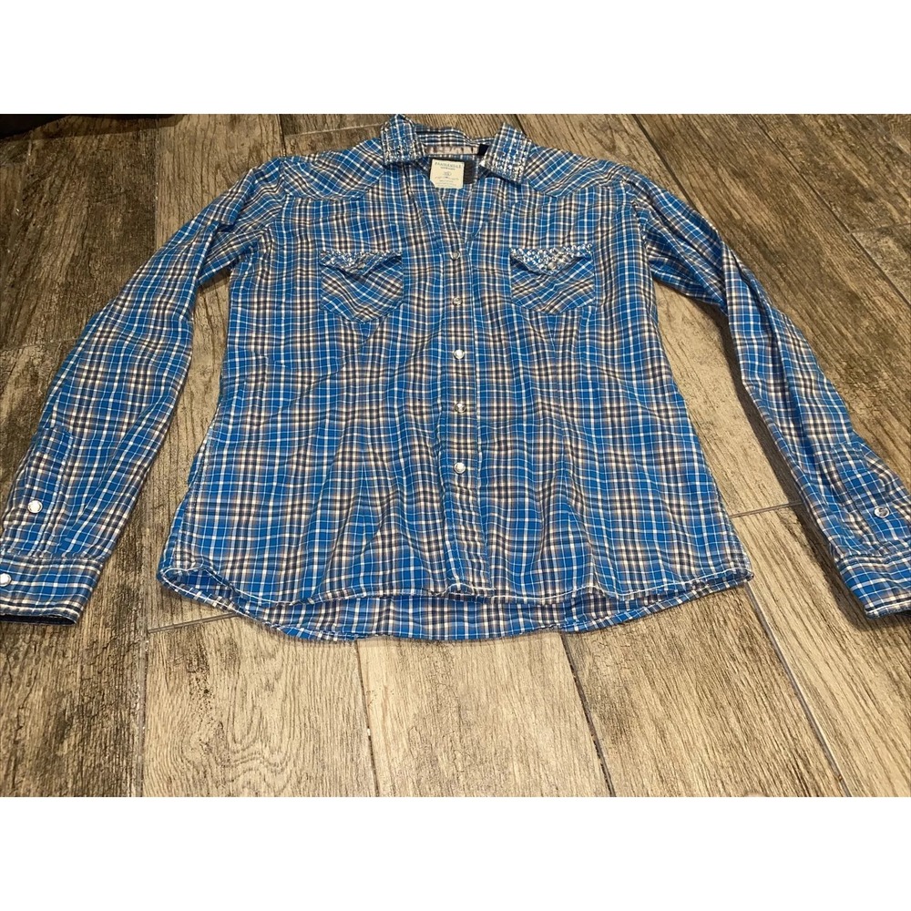 Rough Stock Panhandle Womens Sz Small Blue Plaid Long Sleeve Button Cotton Shirt
